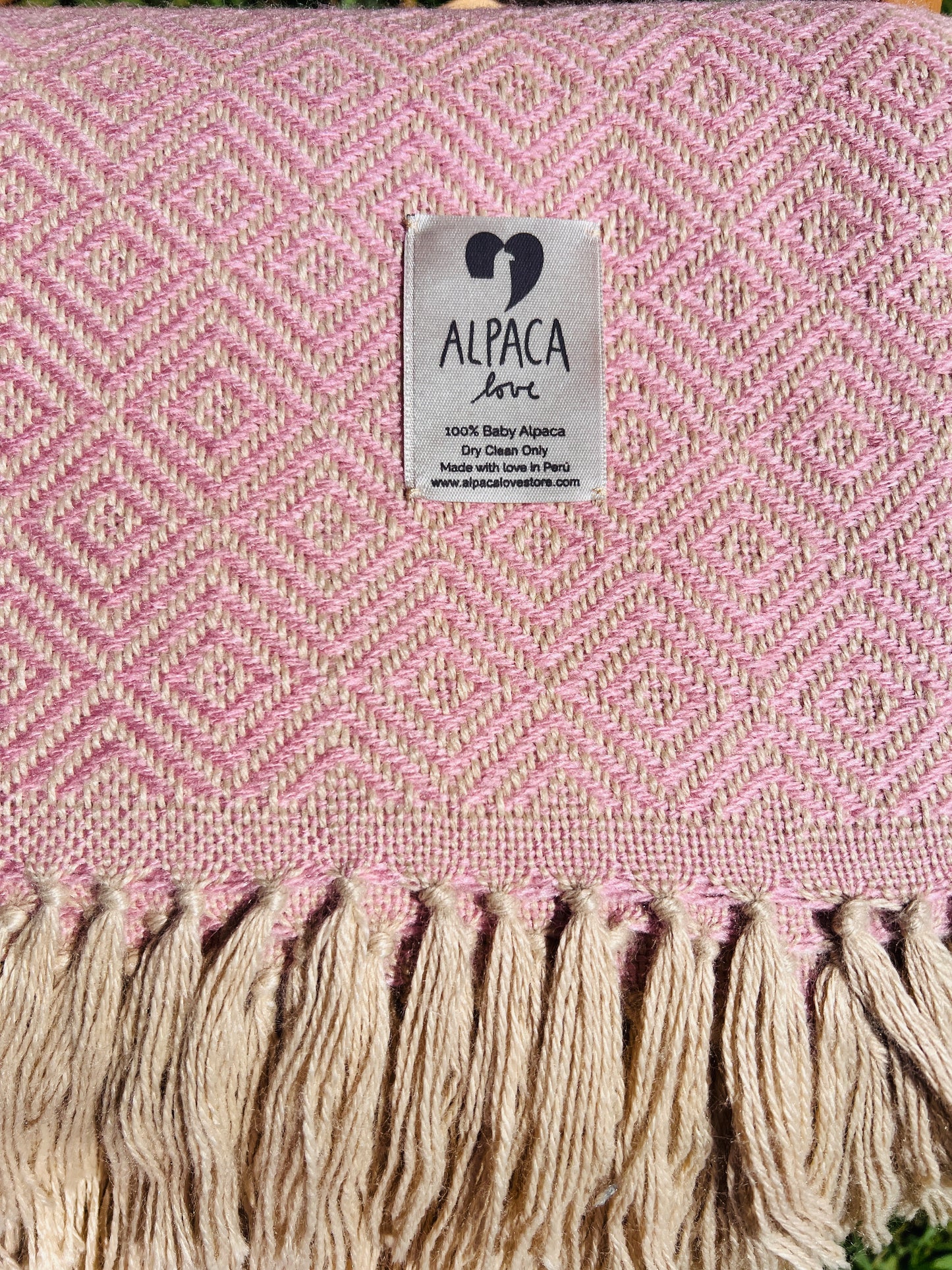 Alpaka Decke 100% Baby Alpaka Wolle Rosa Beige