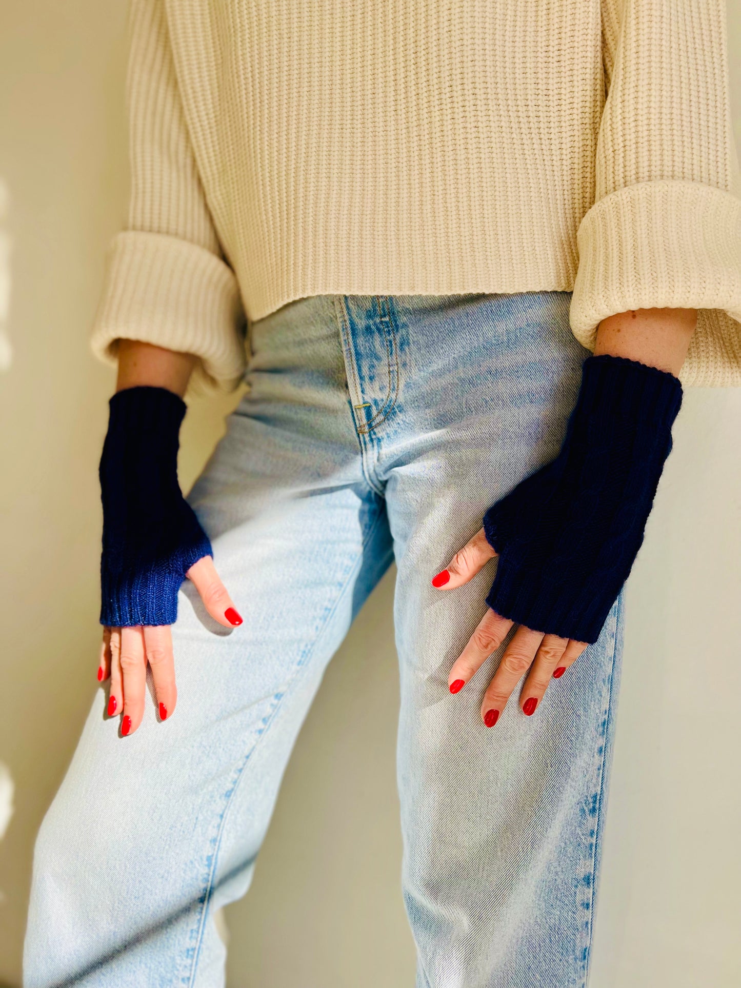 Fingerless gloves 100% baby alpaca wool blue