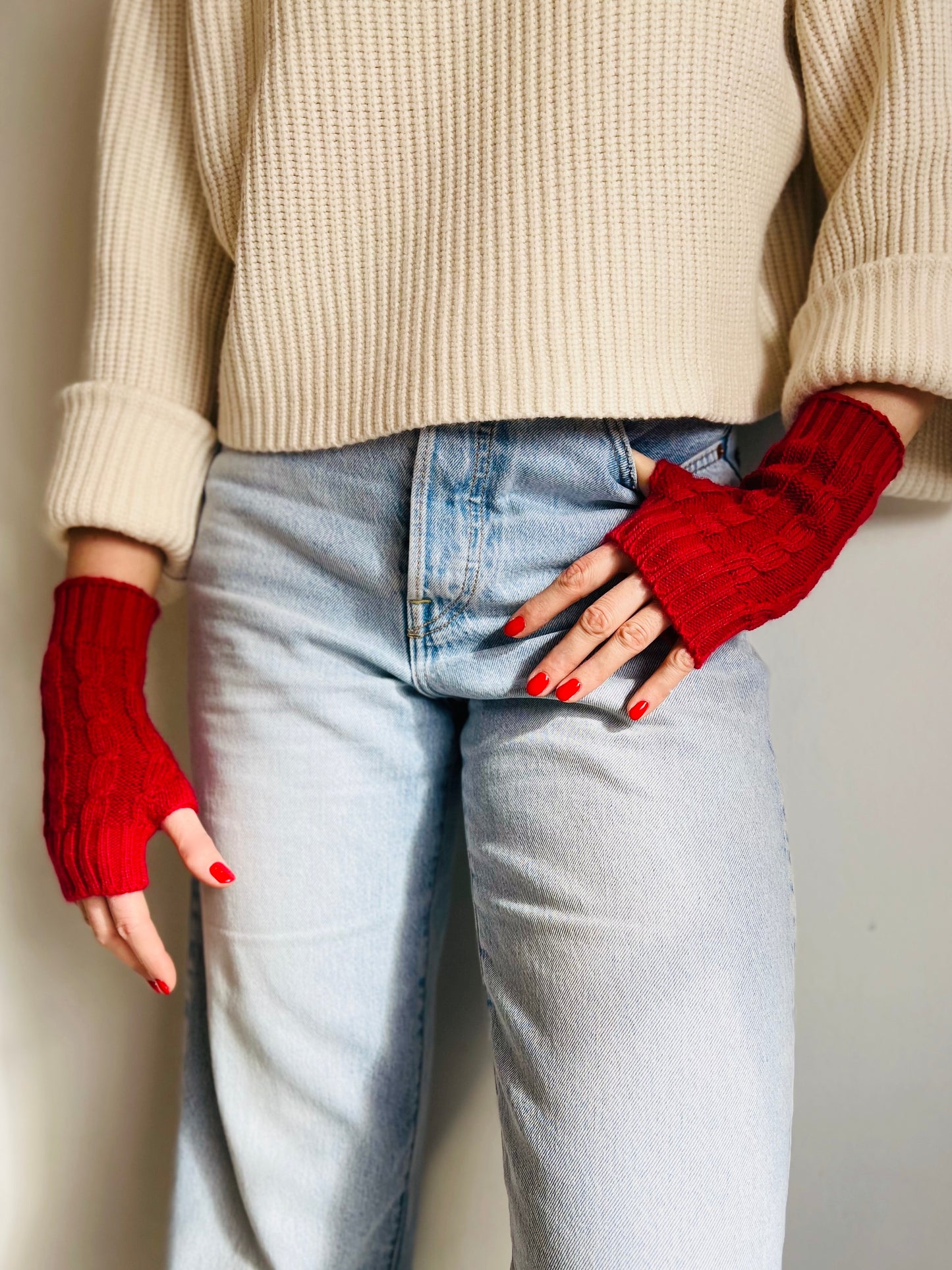 Fingerless gloves 100% baby alpaca wool red